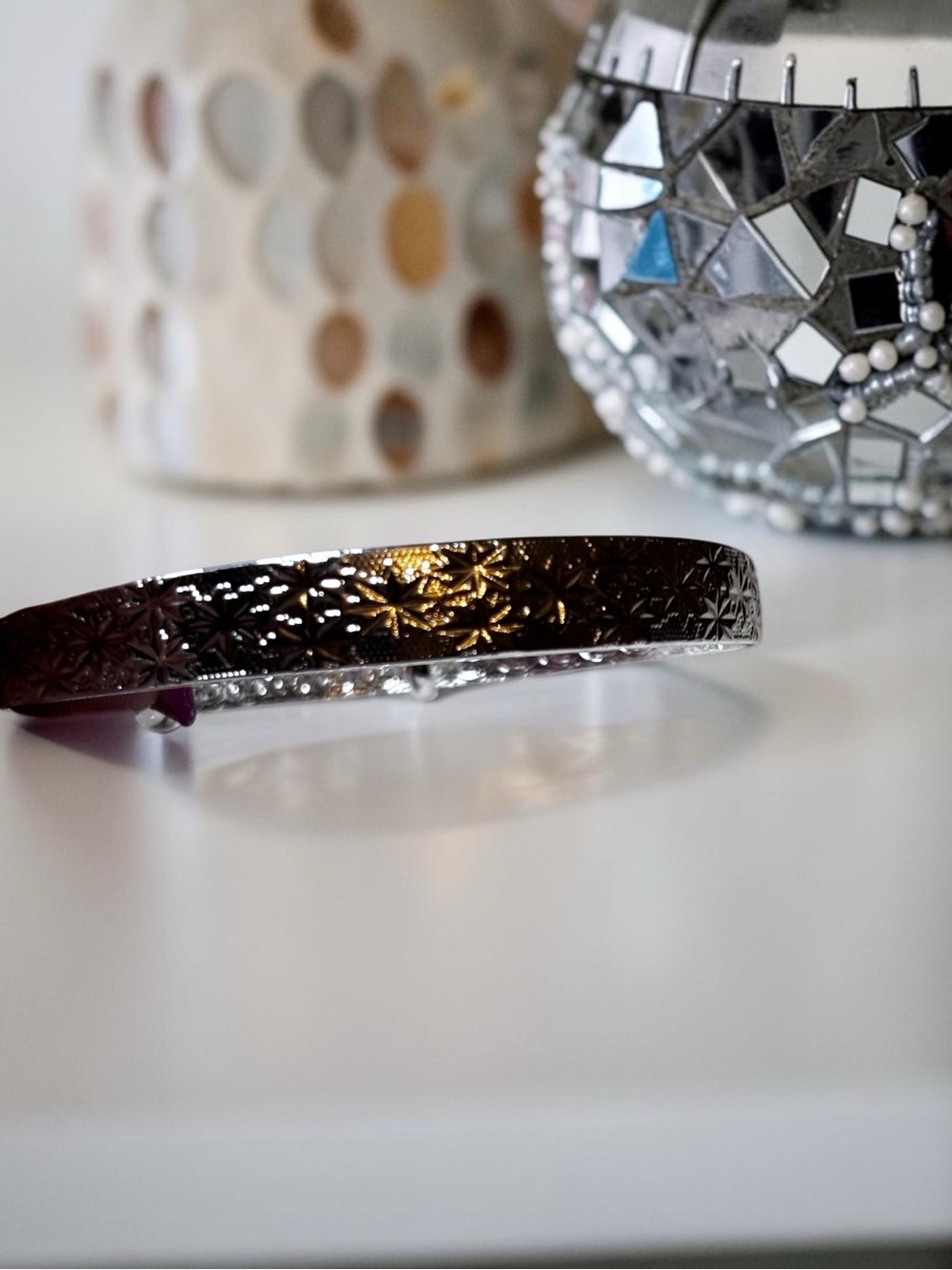 New Silvertone Engraved Starburst Adjustable Bangle Bracelet